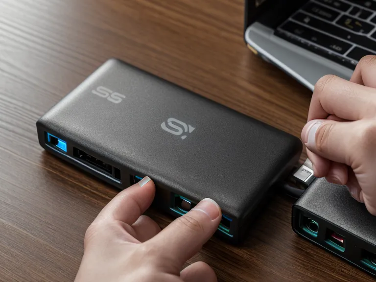 Nahaufnahme USB-C Verbindung zwischen iPhone und externer Festplatte