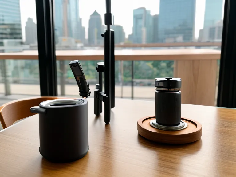 Mobiles Smartphone-Video-Setup auf einem Außentisch eines Hamburger Cafés