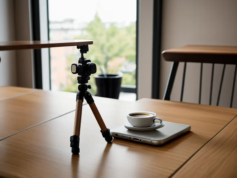 Smartphone auf einem Stativ filmt eine Yoga-Stunde in einem hellen Studio