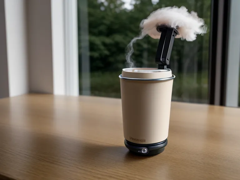 Smartphone-Kamera auf kleinem Halter zwischen engen Holztischen im Café