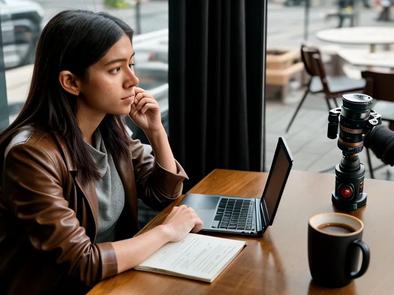 Filmemacher bearbeitet Smartphone Videos am Laptop in einem Café