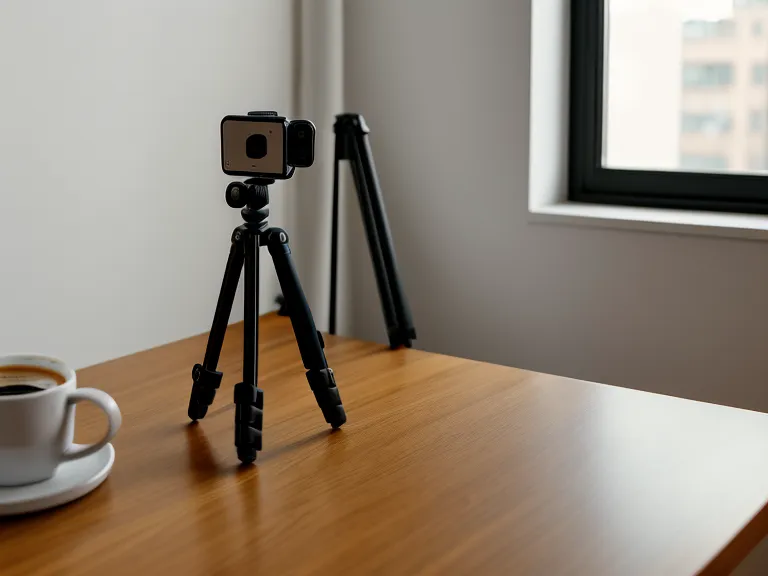 Ein Filmemacher vergleicht im Rahmen seiner Content-Creation als Selbständiger Videoaufnahmen auf Smartphone und Laptop am Schreibtisch.